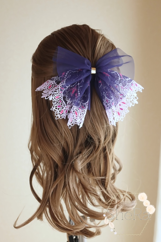 レースリボンのポニーフック・ネイビールビー