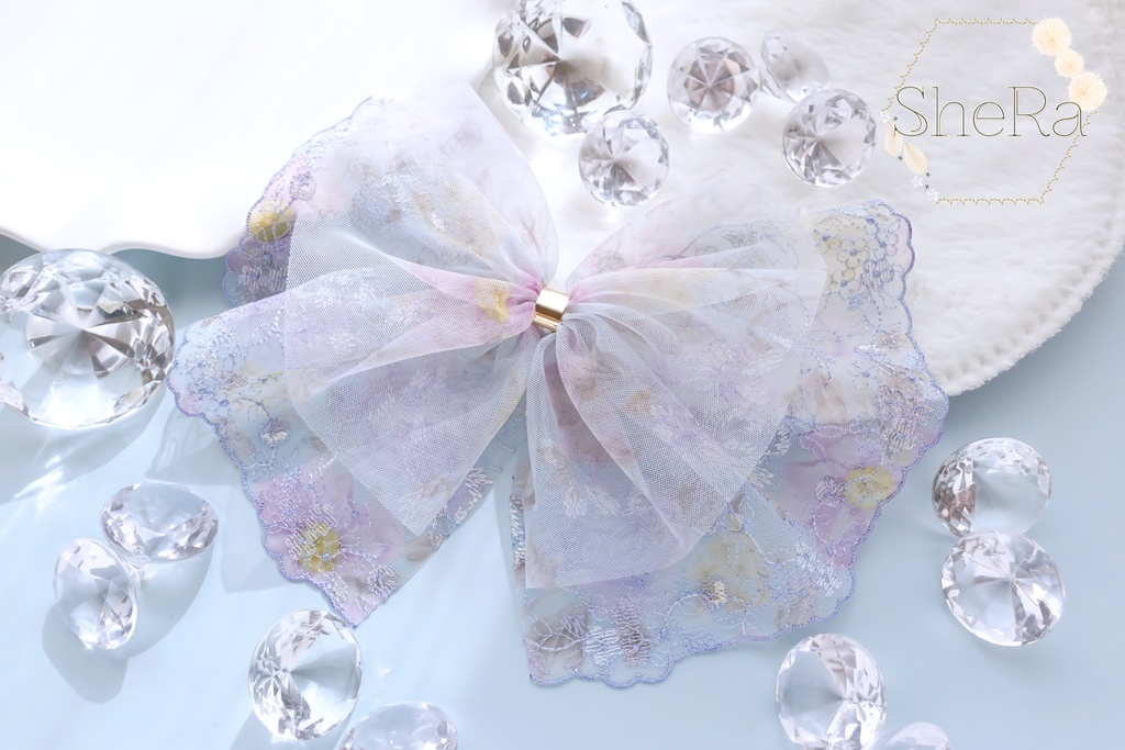 レースリボンのポニーフック・フラワーブーケ・サックスブルー