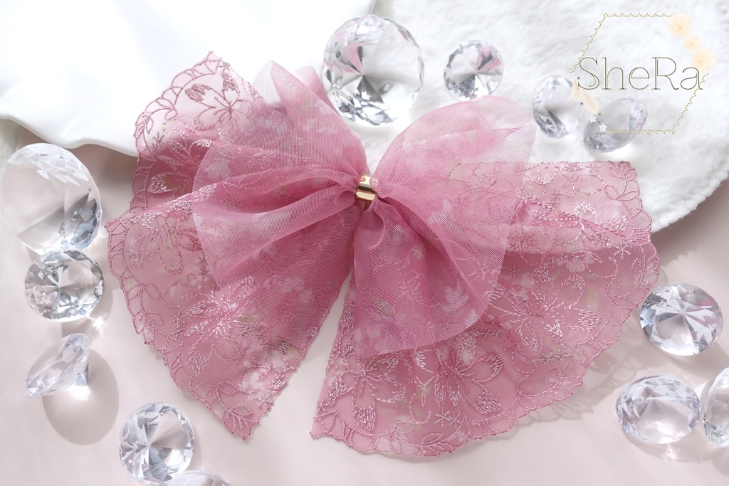 レースリボンのポニーフック・フラワーブーケ・チェリーピンク