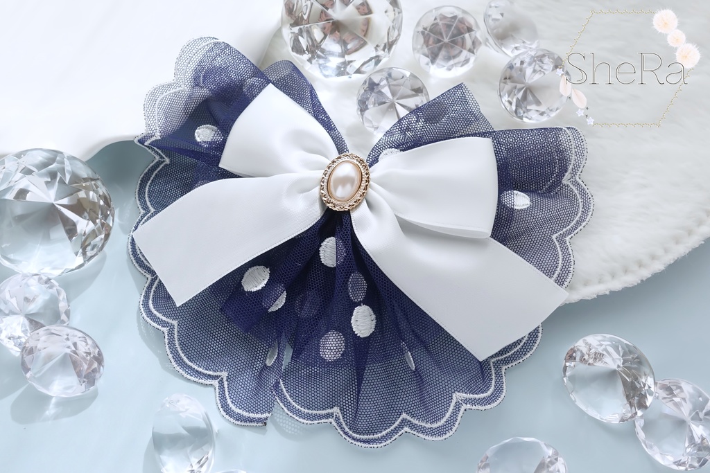 レースリボンのポニーフック・マリン・ドット