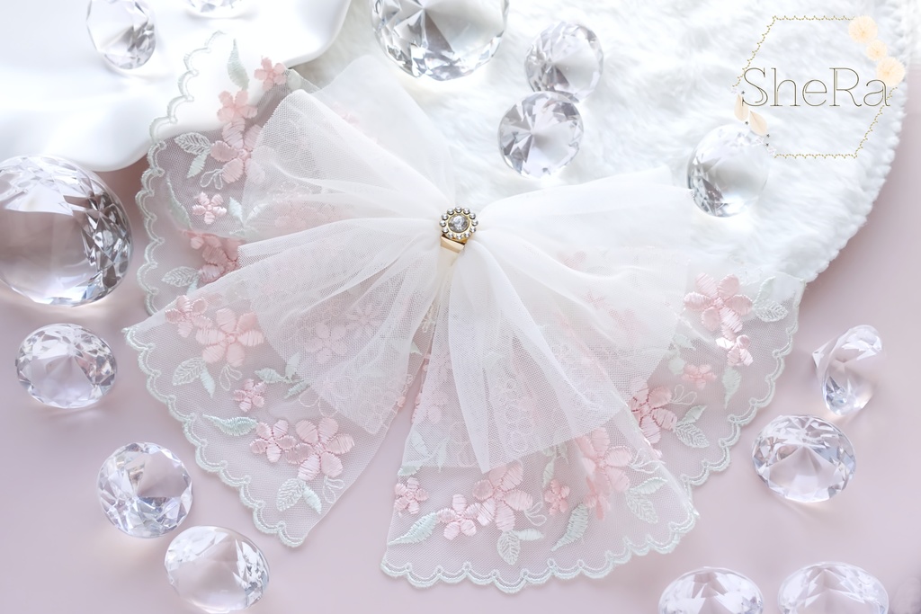 レースリボンのポニーフック・ブルーミングピンク