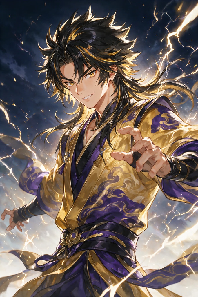 【和風ファンタジー男士】雷牙（らいが）／雷・ウルフカット 単体イラスト（DL・壁紙付き）