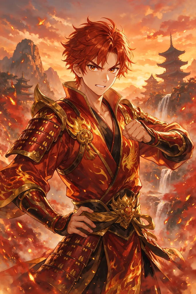 【和風ファンタジー男士】炎司（えんじ）／炎・ショート 単体イラスト（DL・壁紙付き）