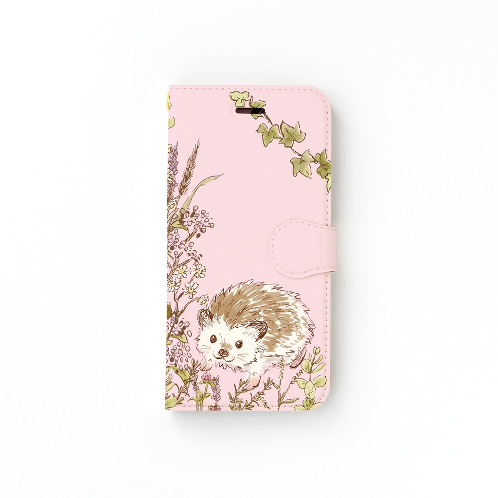 【カメラ穴あり】iPhone/Android対応 お散歩ハリネズミ ピンク【手帳型スマホケース】