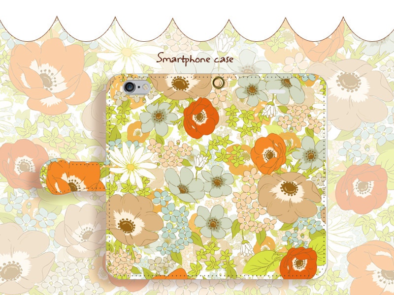 【カメラ穴あり】iPhone/Android対応 アネモネオレンジ【手帳型スマホケース】