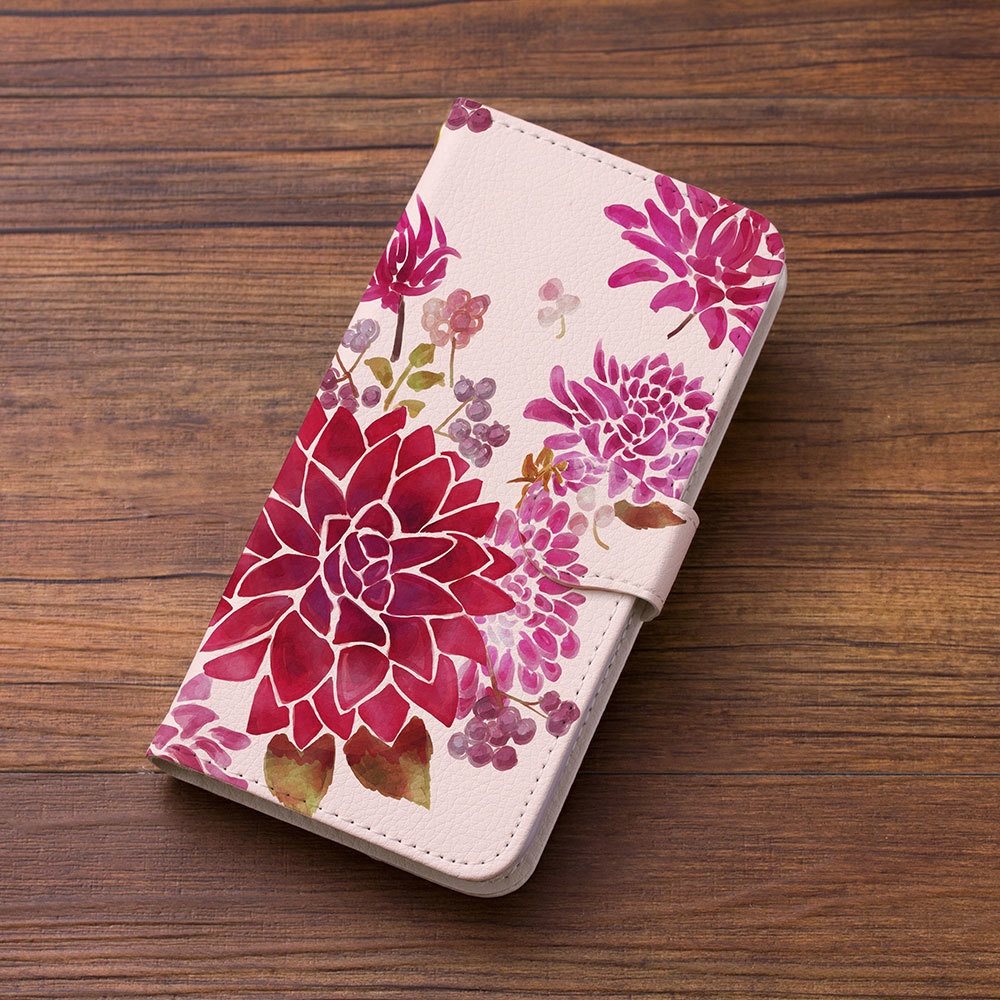 【カメラ穴あり】iPhone/Android対応ダリアピンクベージュ【手帳型スマホケース】