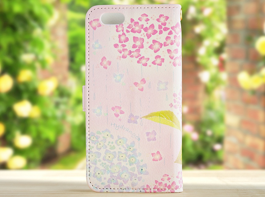 【カメラ穴あり】iPhone/Android対応紫陽花ももいろ 【手帳型スマホケース】