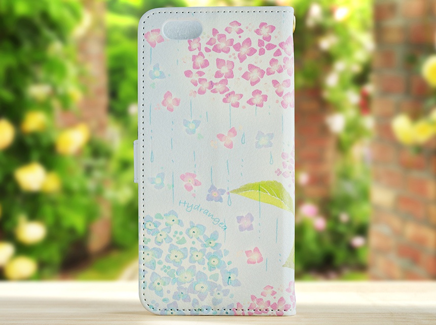 【カメラ穴あり】iPhone/Android対応 紫陽花みずいろ 【手帳型スマホケース】