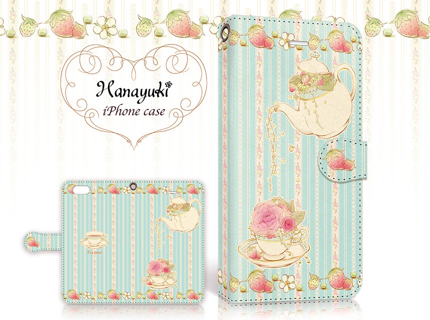 【カメラ穴あり】iPhone/Android対応 いちごティータイム ライムグリーン【手帳型スマホケース】