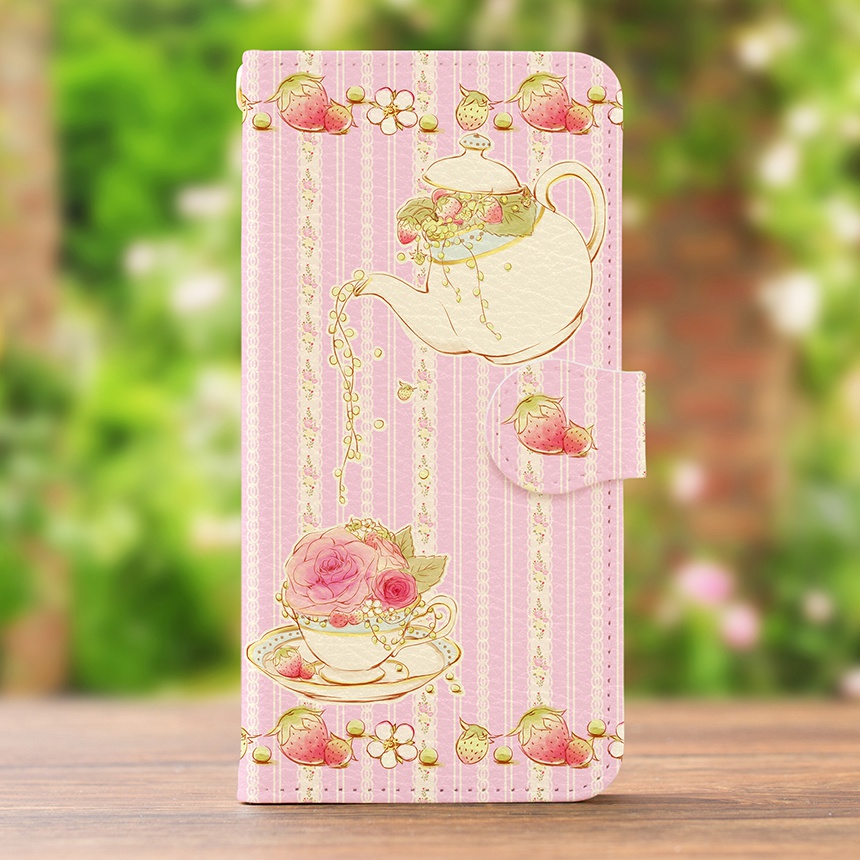 【カメラ穴あり】iPhone/Android対応 いちごティータイム ピンク【手帳型スマホケース】