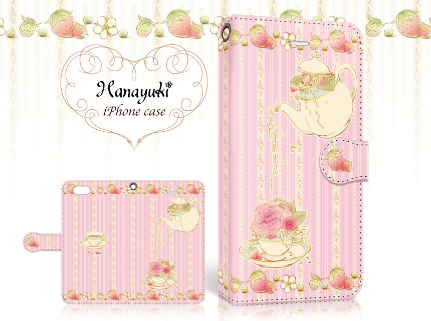【カメラ穴あり】iPhone/Android対応 いちごティータイム ピンク【手帳型スマホケース】