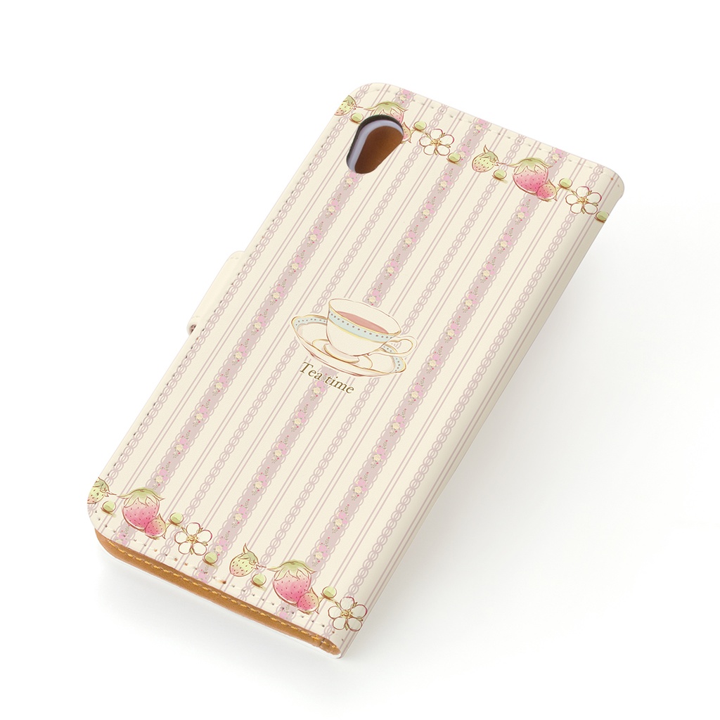 【カメラ穴あり】iPhone/Android対応いちごティータイム ベージュ【手帳型スマホケース】
