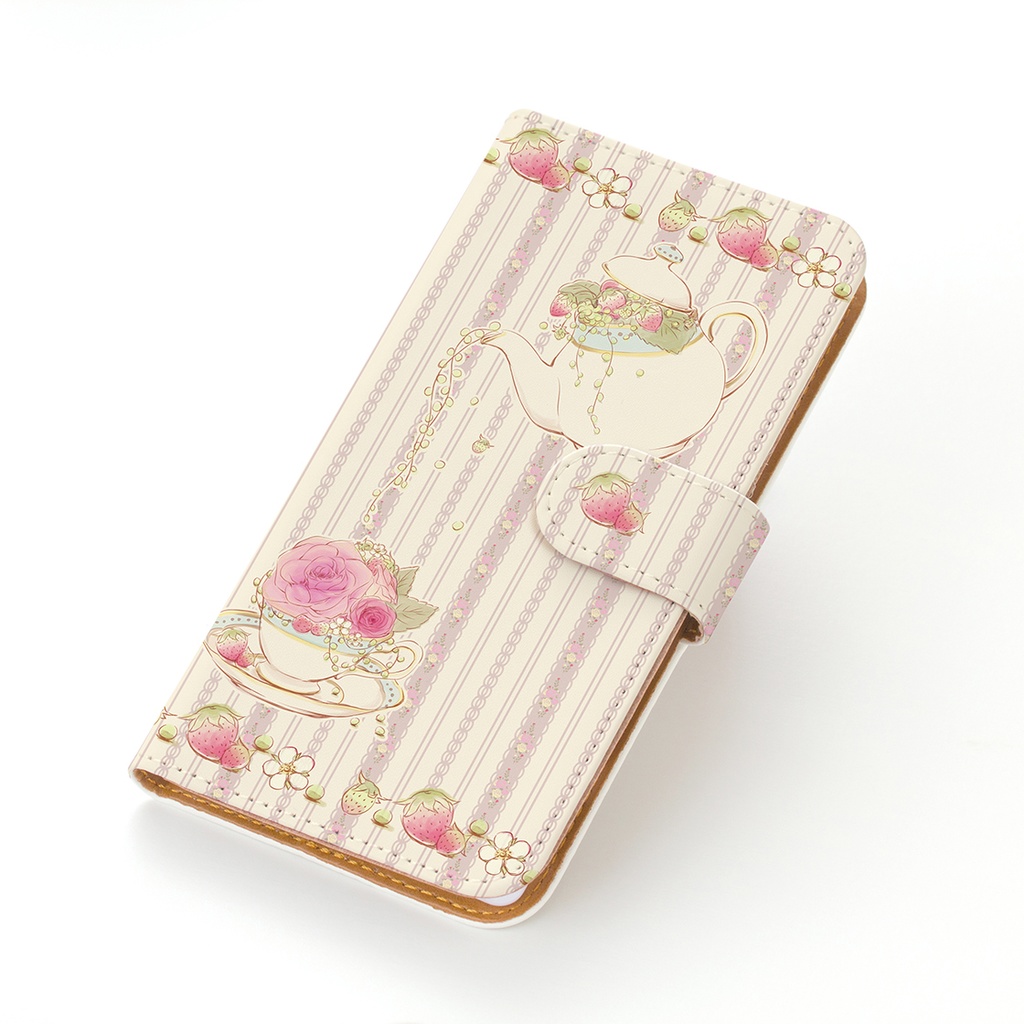 【カメラ穴あり】iPhone/Android対応いちごティータイム ベージュ【手帳型スマホケース】