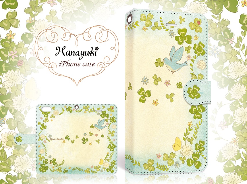 【カメラ穴あり】iPhone/Android対応 クローバーガーデン ブルー【手帳型スマホケース】