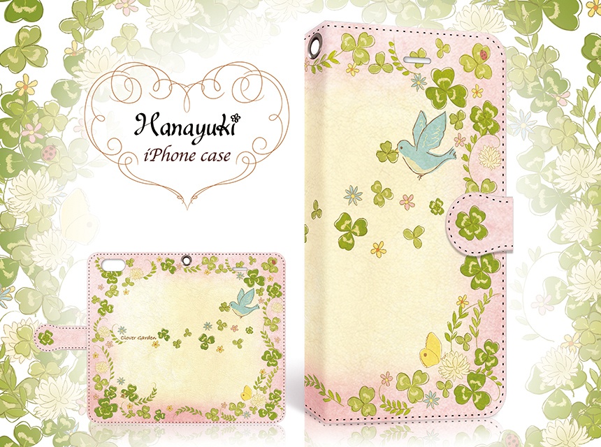 【カメラ穴あり】iPhone/Android対応 クローバーガーデン ピンク【手帳型スマホケース】