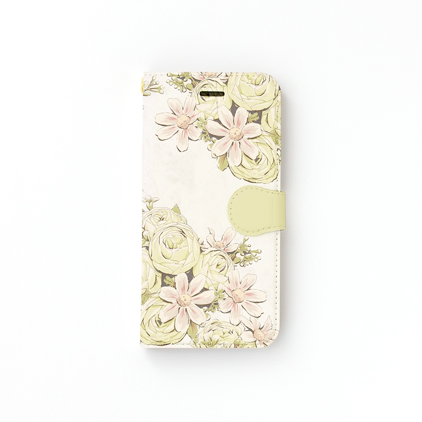 【カメラ穴あり】iPhone/Android対応 イングリッシュローズ グリーン【手帳型スマホケース】【花柄】