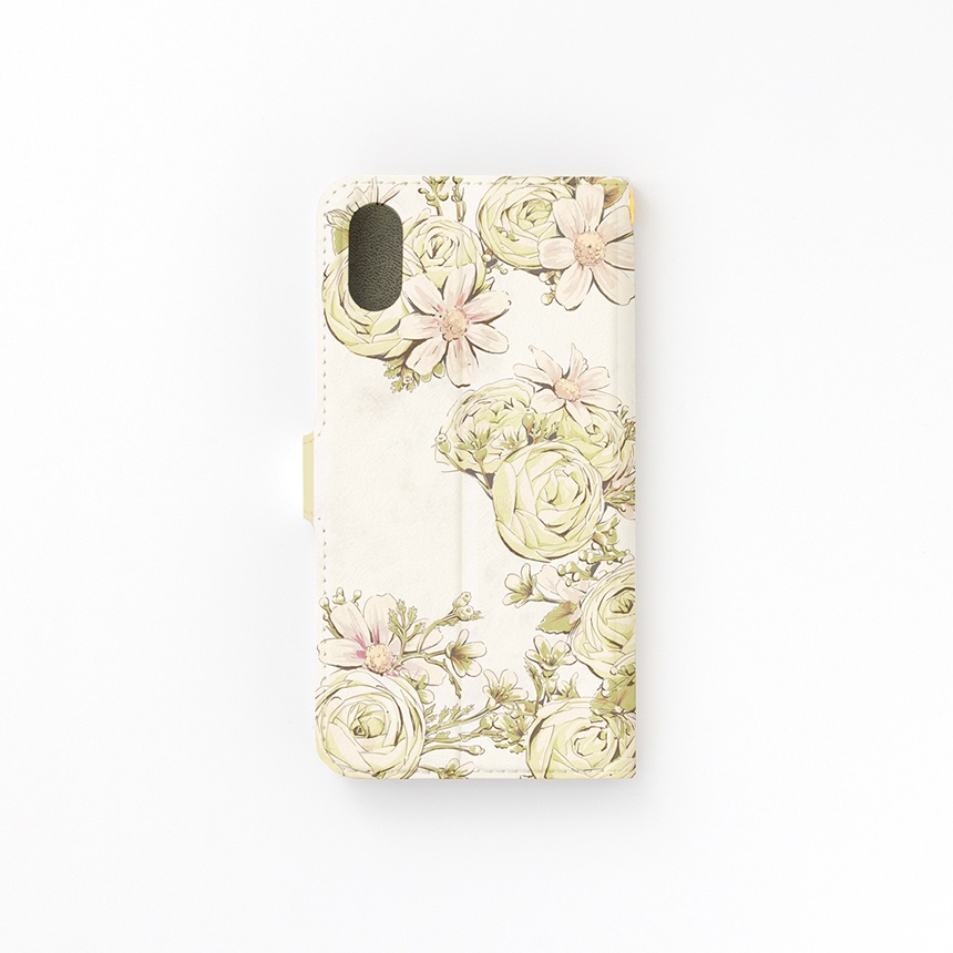 【カメラ穴あり】iPhone/Android対応 イングリッシュローズ グリーン【手帳型スマホケース】【花柄】