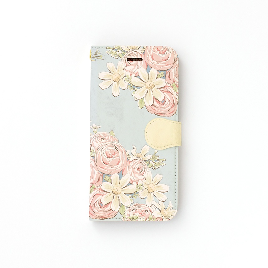 【カメラ穴あり】iPhone/Android対応 イングリッシュローズ コーラルピンク【手帳型スマホケース】【花柄】