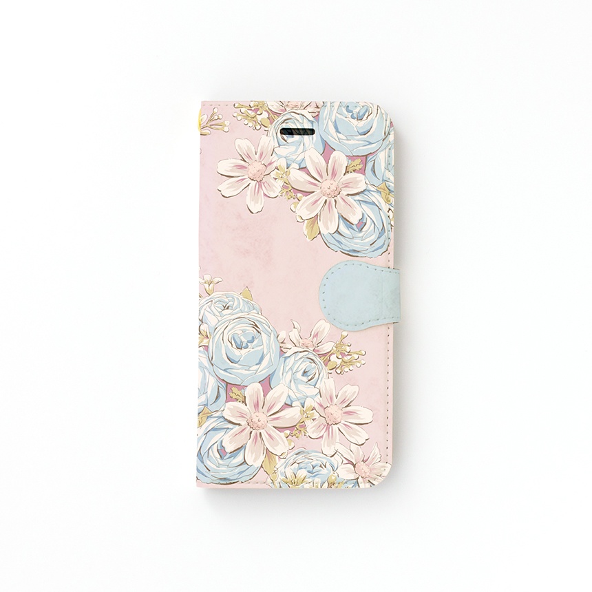 【カメラ穴あり】iPhone/Android対応 イングリッシュローズ パールブルー【手帳型スマホケース】