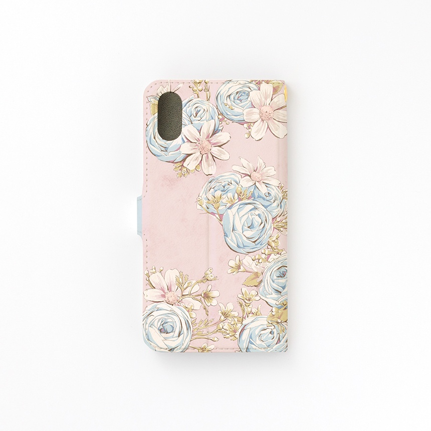 【カメラ穴あり】iPhone/Android対応 イングリッシュローズ パールブルー【手帳型スマホケース】