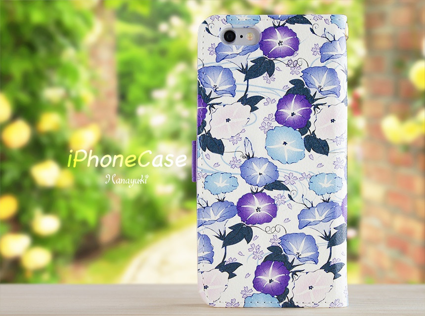 【カメラ穴あり】iPhone/Android対応 和柄あさがお・青紫 【手帳型スマホケース】