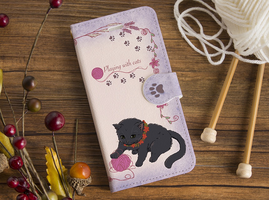 【カメラ穴あり】iPhone/Android対応 いたずら猫のスマホケース 黒猫 【手帳型スマホケース】