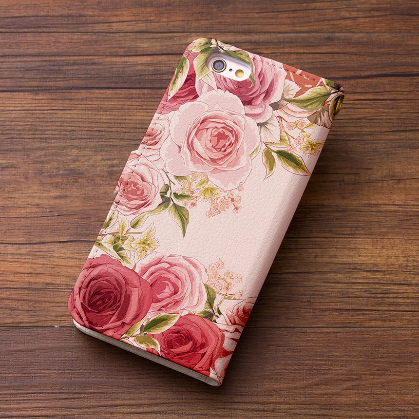 【カメラ穴あり】iPhone/Android対応 ローズガーデンピンク【手帳型スマホケース】