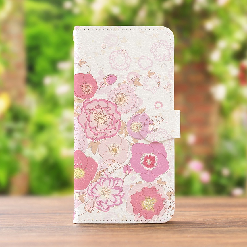 【カメラ穴あり】iPhone/Android対応 クリスマスローズ ベビーピンク【手帳型スマホケース】