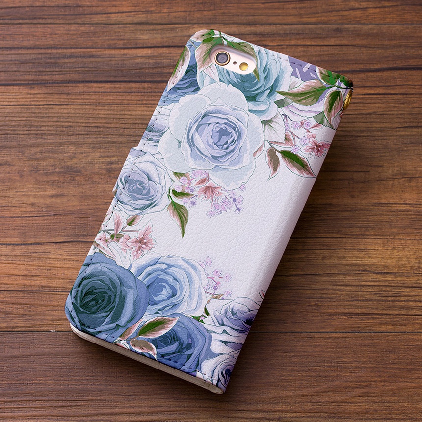 【カメラ穴あり】iPhone/Android対応 ローズガーデンブルー【手帳型スマホケース】