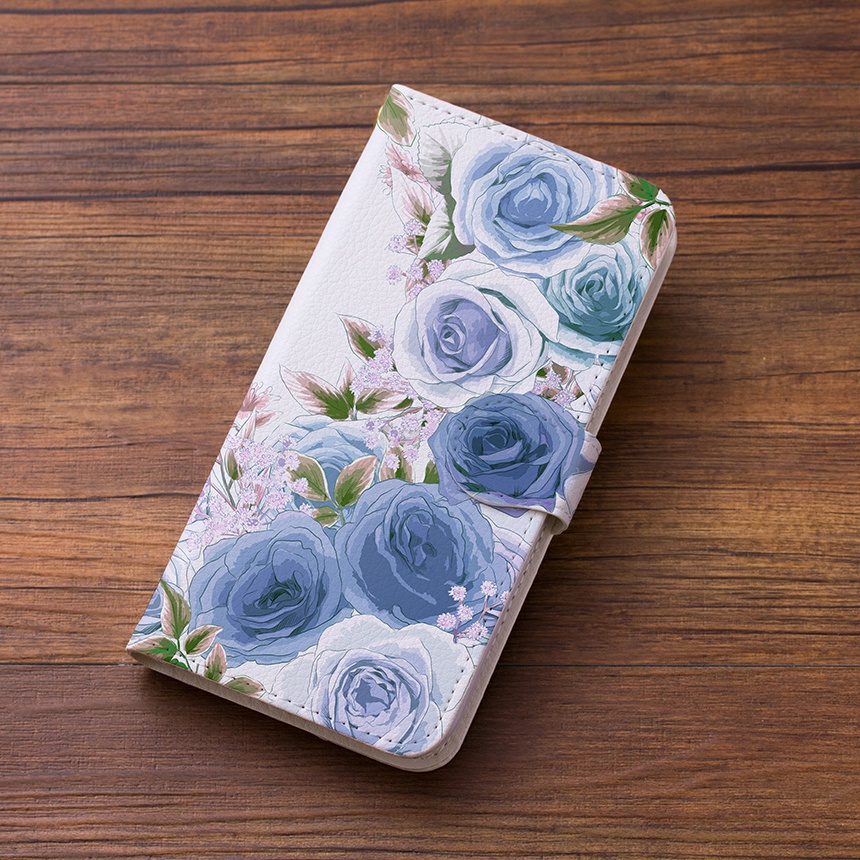 【カメラ穴あり】iPhone/Android対応 ローズガーデンブルー【手帳型スマホケース】