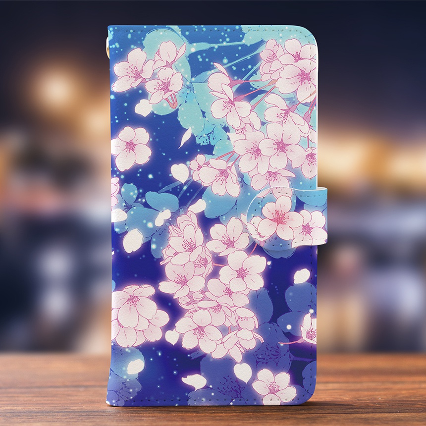Android iPhone両対応【ミラー付き手帳型スマホケース】夜桜