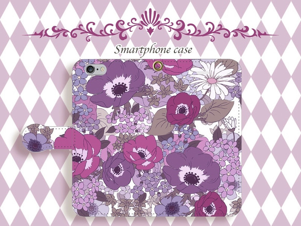 【カメラ穴あり】iPhone/Android対応 アネモネモーブ【手帳型スマホケース】