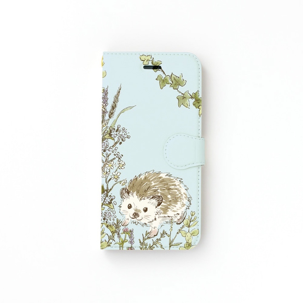 カメラ穴あり】iPhone/Android対応 お散歩ハリネズミ ブルー【手帳型スマホケース】