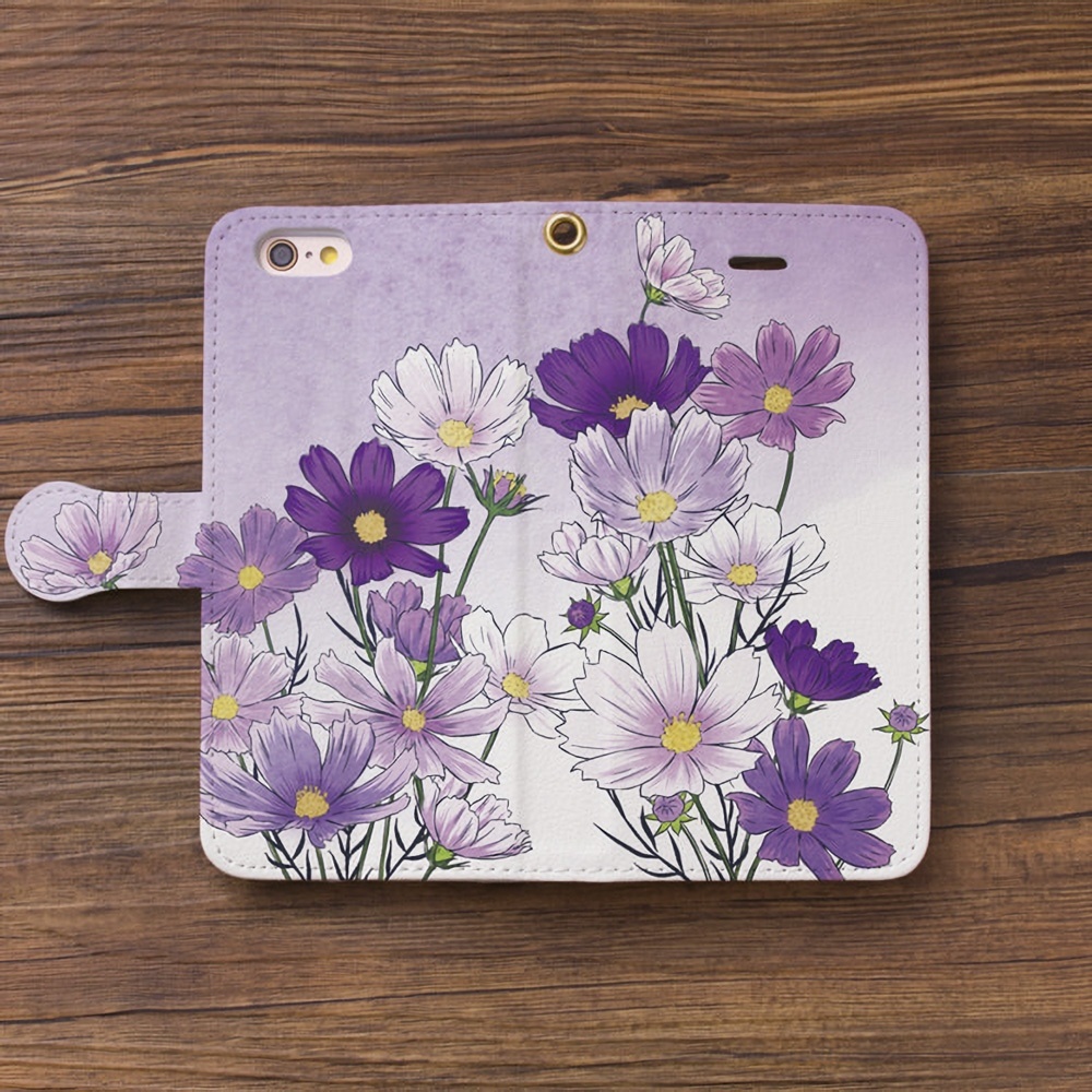 【カメラ穴あり】iPhone/Android対応 コスモスパープル【手帳型スマホケース】