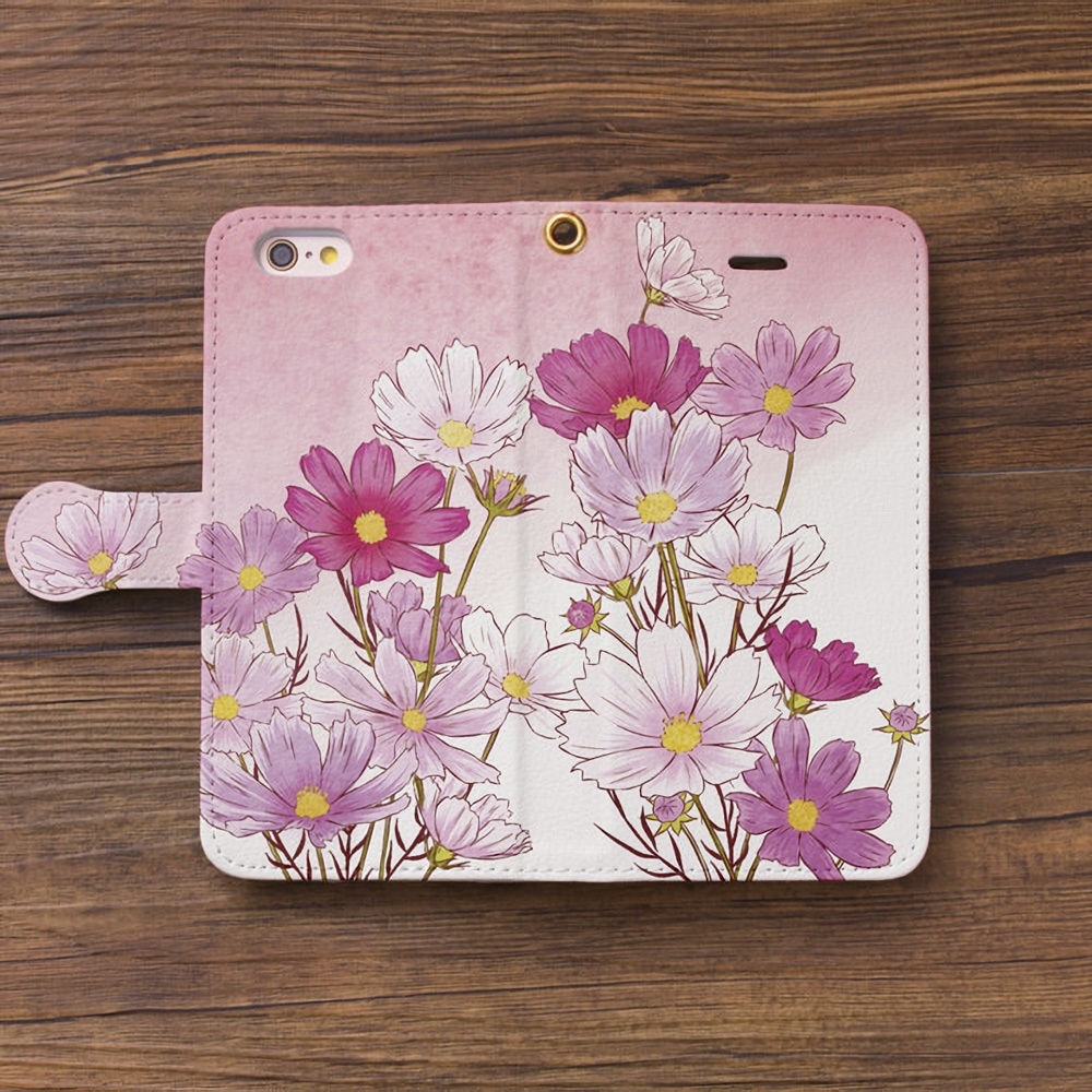 【カメラ穴あり】iPhone/Android対応 コスモスピンク【手帳型スマホケース】