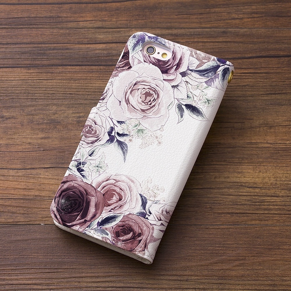 【カメラ穴あり】iPhone/Android対応 ローズガーデン フローズンレッド【手帳型スマホケース】