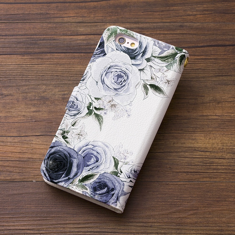 カメラ穴あり】iPhone/Android対応 ローズガーデン フローズンブルー【手帳型スマホケース】