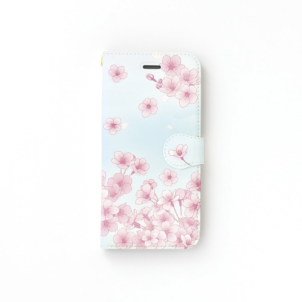 【カメラ穴あり】iPhone/Android対応 空色さくら【手帳型スマホケース】