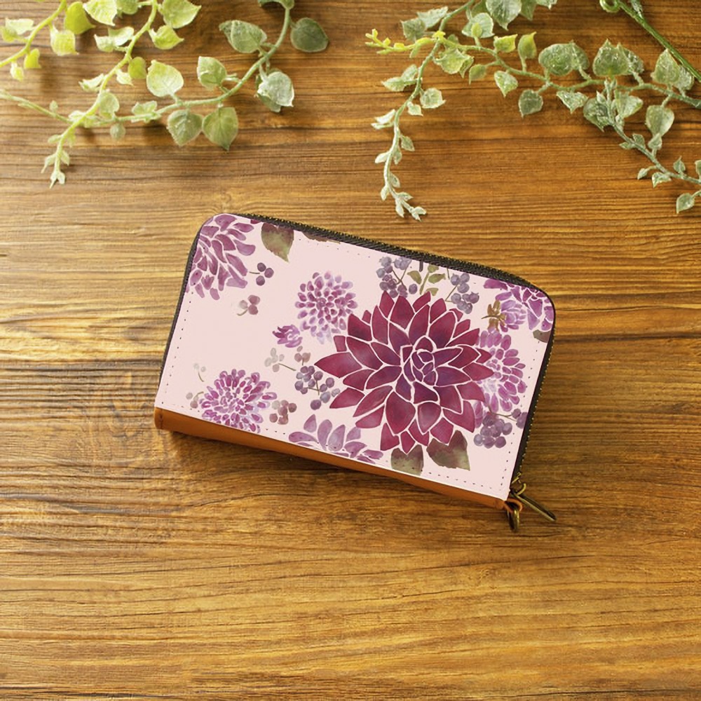【ミニ財布・コンパクト財布】ダリアピンクベージュ【花柄】【パスケース・コインケース】