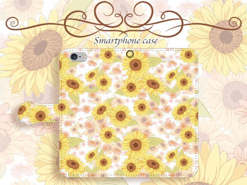 【カメラ穴あり】iPhone/Android対応 ひまわり【手帳型スマホケース】