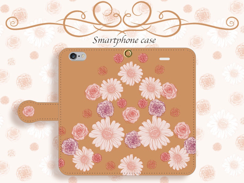 【カメラ穴あり】iPhone/Android対応 ガーベラキャメル【手帳型スマホケース】
