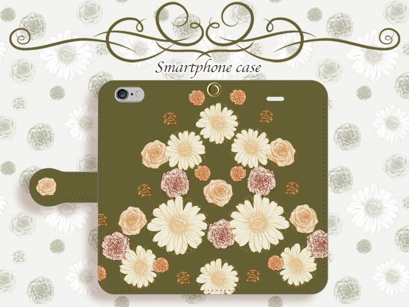 【カメラ穴あり】iPhone/Android対応 ガーベラオリーブ【手帳型スマホケース】