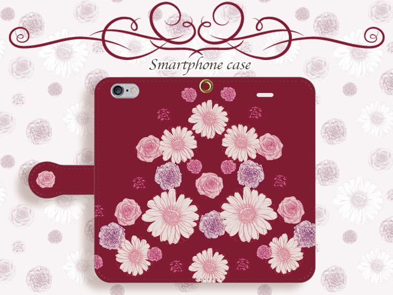 【カメラ穴あり】iPhone/Android対応 ガーベラワインレッド【手帳型スマホケース】