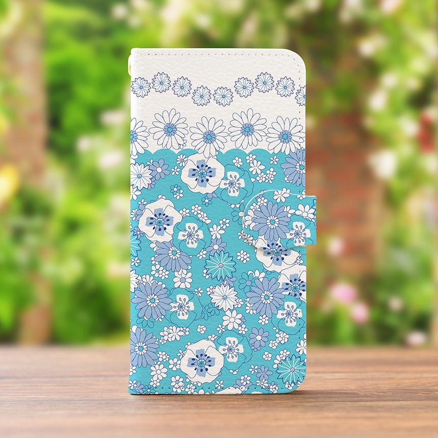 【カメラ穴あり】iPhone/Android対応 ホッピングフラワーアクアブルー【手帳型スマホケース】