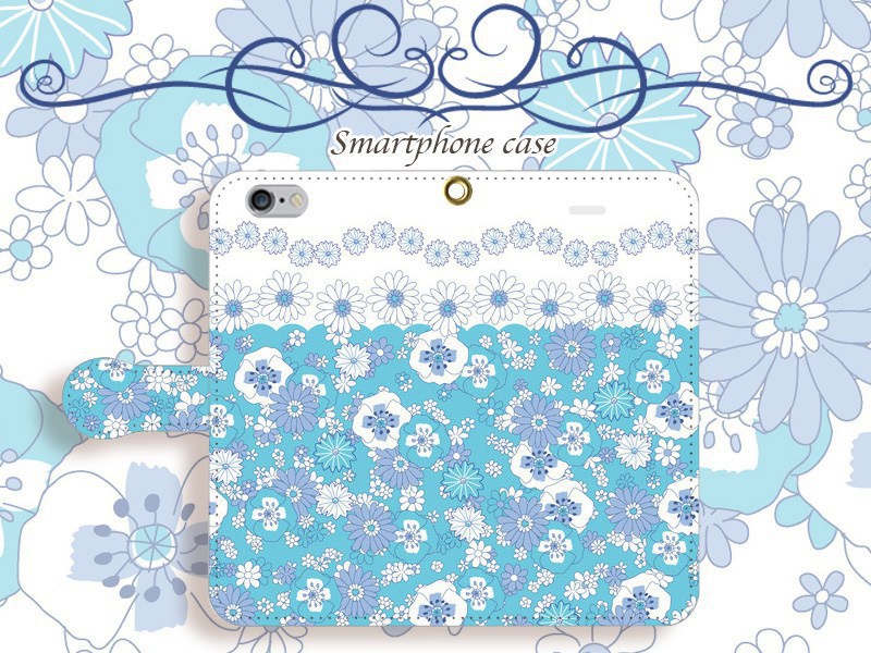 【カメラ穴あり】iPhone/Android対応 ホッピングフラワーアクアブルー【手帳型スマホケース】