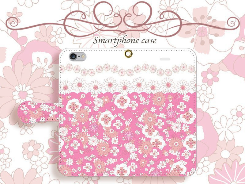 【カメラ穴あり】iPhone/Android対応 ホッピングフラワーローズピンク【手帳型スマホケース】