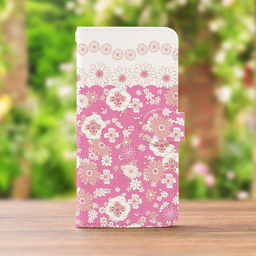 【カメラ穴あり】iPhone/Android対応 ホッピングフラワーローズピンク【手帳型スマホケース】
