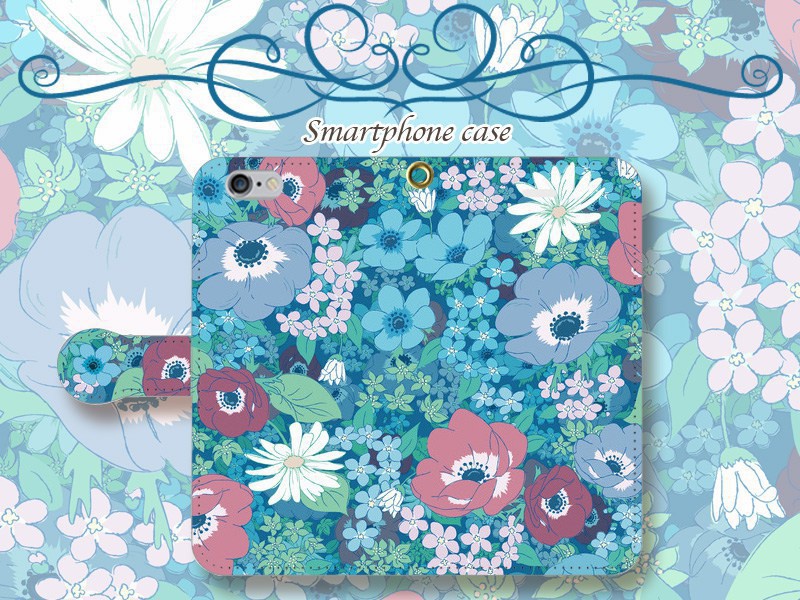 【カメラ穴あり】iPhone/Android対応 アネモネナイトシアン【手帳型スマホケース】