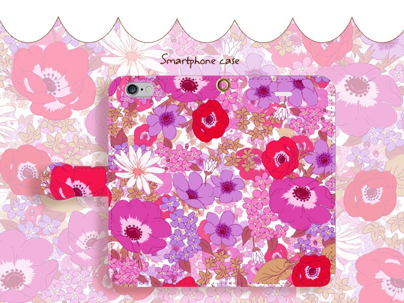 【カメラ穴あり】iPhone/Android対応 アネモネマゼンタ【手帳型スマホケース】