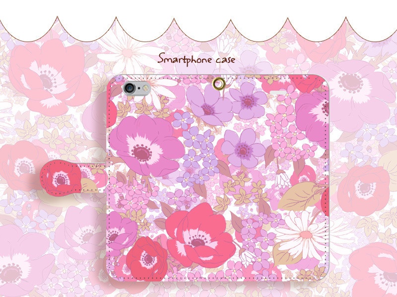 【カメラ穴あり】iPhone/Android対応 アネモネライトピンク【手帳型スマホケース】